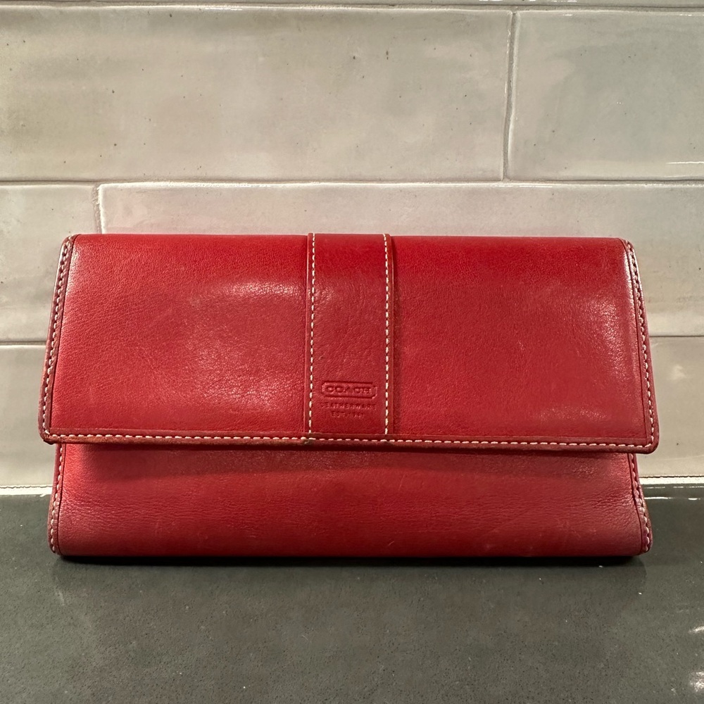 Coach Red Leather Wallet with Minimalist Design